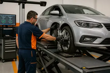 Equipamento de alinhamento de rodas sendo utilizado por um profissional.