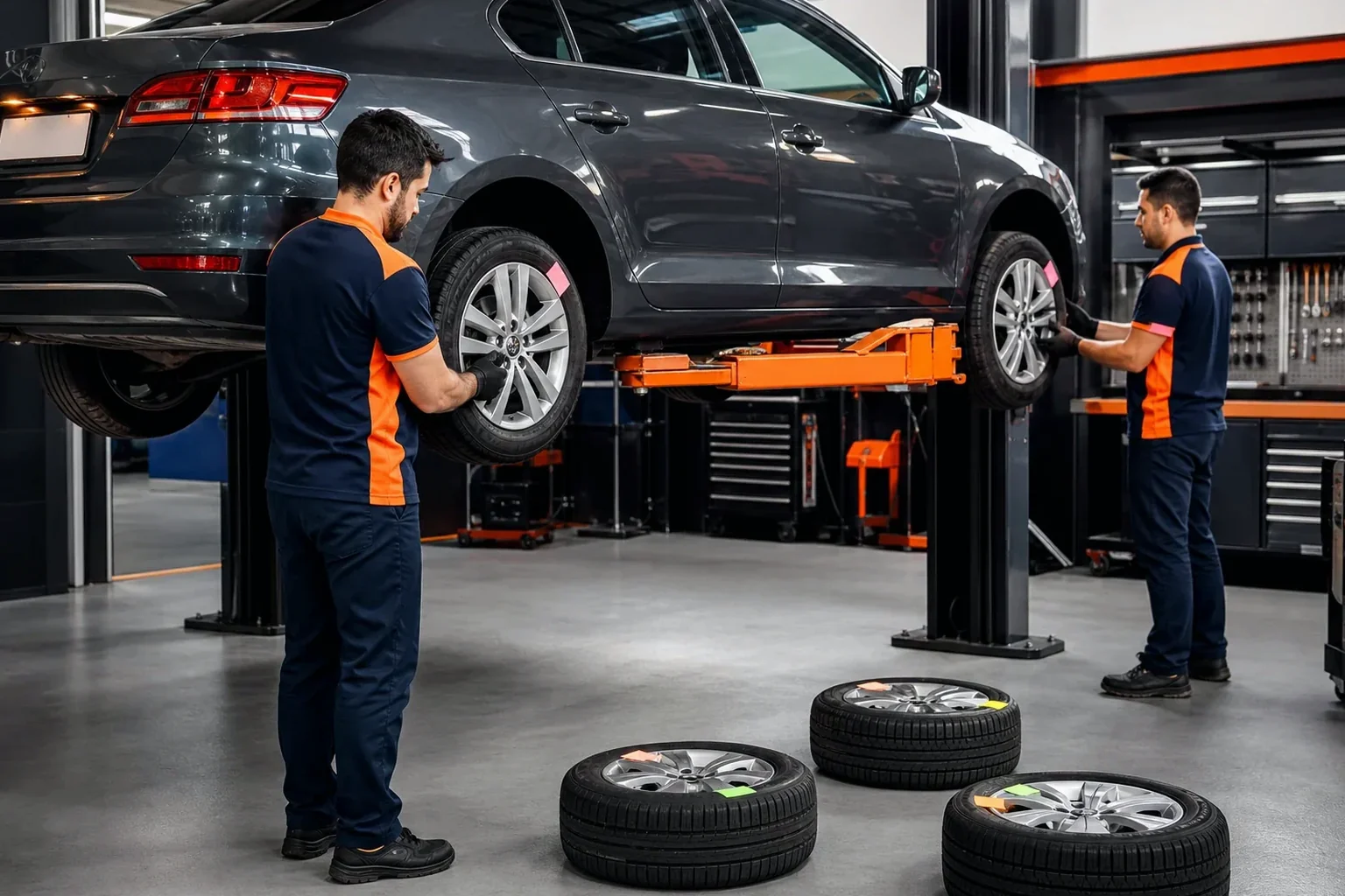 Mecânico realizando rodízio de pneus em um carro.