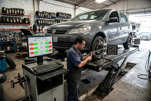 Mecânico utilizando equipamento para alinhamento de rodas.