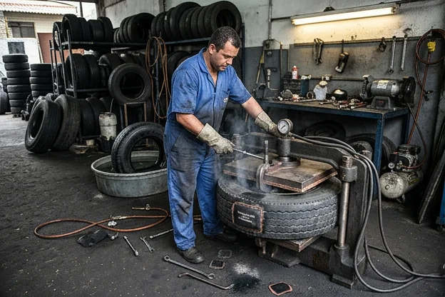 Técnico realizando vulcanização de um pneu.